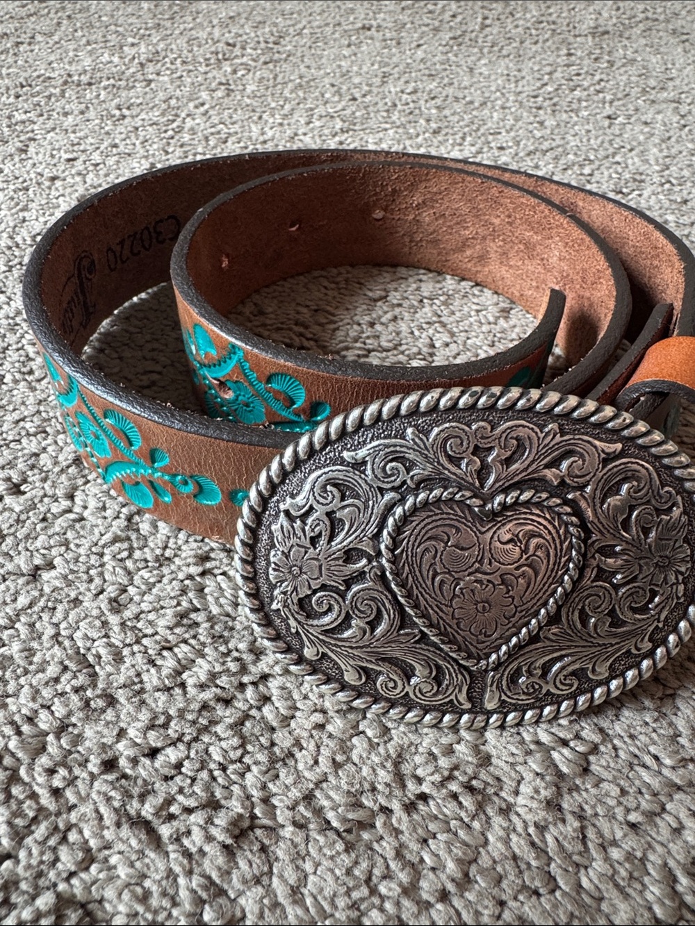 Justin Boots Brown Leather Belt with Turquoise Floral Stitching and Heart Buckle